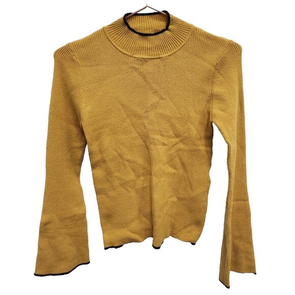 Molly Bracken Womens BOHO Sweater Small Mustard Yellow Mock Neck Flare Sleeve - Picture 1 of 8